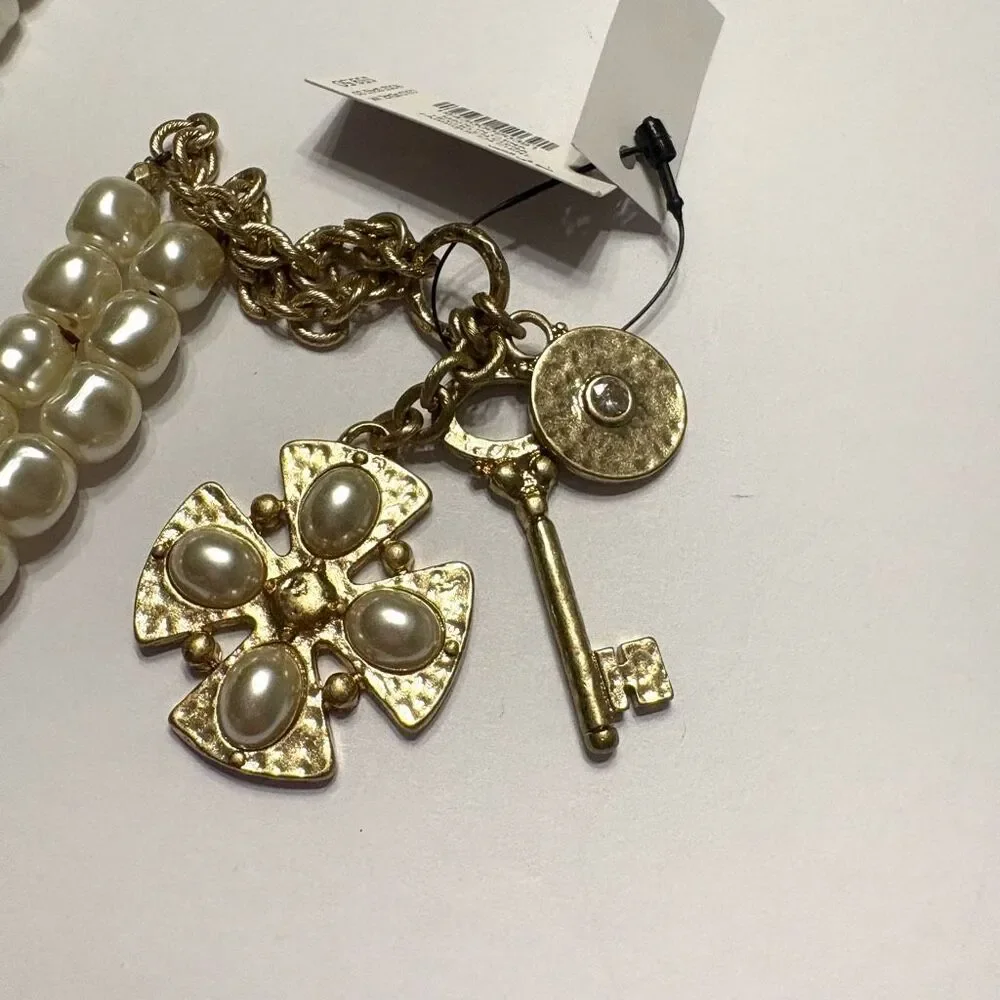 Chico’s Women’s Gold Tone Faux Pearl Maltese Cross Key Fashion Necklace